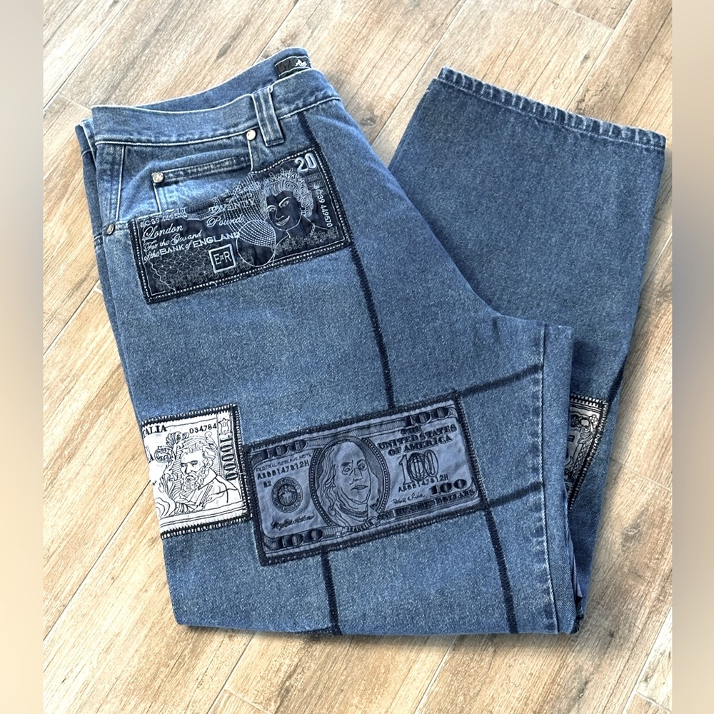 Al Wissam Vintage Money Denim Blue Jeans Embroidered Patch Designs. 42 x 34